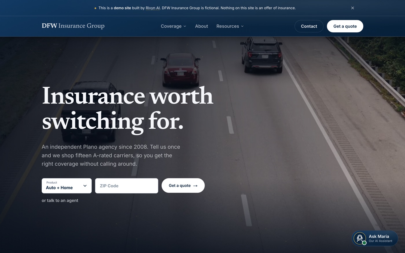Desktop screenshot of the DFW Insurance Group homepage hero, a Rivyn reference build
